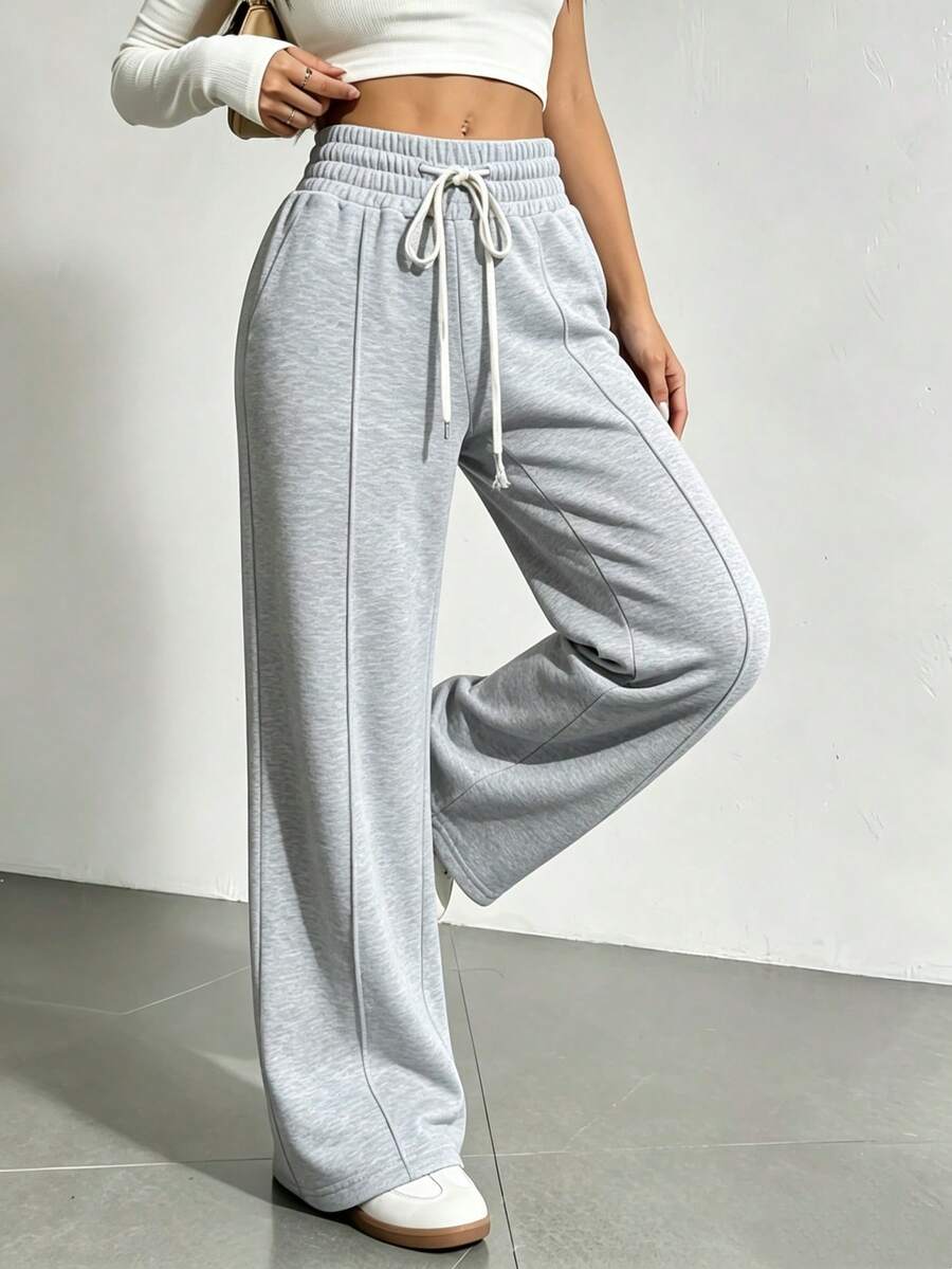 Women's Loose Solid Color Pants With Adjustable Waist, Versatile For Sports - Light Grey - View 1