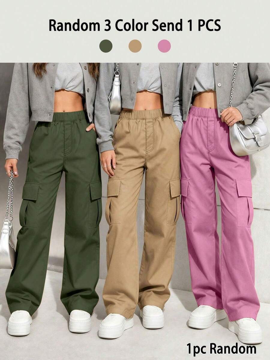 [1pc Random]1pc Tween Girls' Fashion Solid Color Comfortable Loose Multi-Pocket Cargo Pants Spring Autumn - Pink - View 1