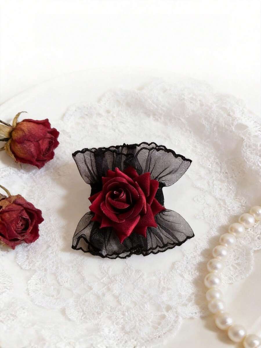 ExquisiteGothic Black Lace Ruffle Rose Cuff, Vintage Wrist Accessory, Ideal Christmas Gift For Women's Makeup And Party,Halloween - Multicolor - View 1