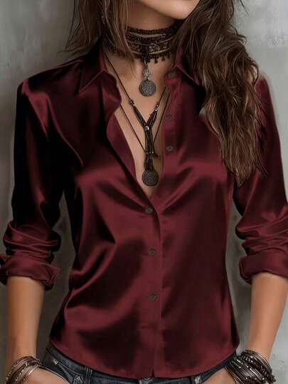 Women's Solid Color Satin Shirt, Front Button Long Sleeve Blouse, Suitable For Elegant Business, Daily Commute, Home, Office, Vacation, All Seasons