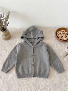 Cardigan Rajut Berkerudung Unisex Warna Abu-abu Bayi dengan Pom Pom 3D, Penutup Kancing Depan, Ujung dan Manset Bergaris, Sweater Kartun Kasual Musim Semi/Gugur - Grey - View 1