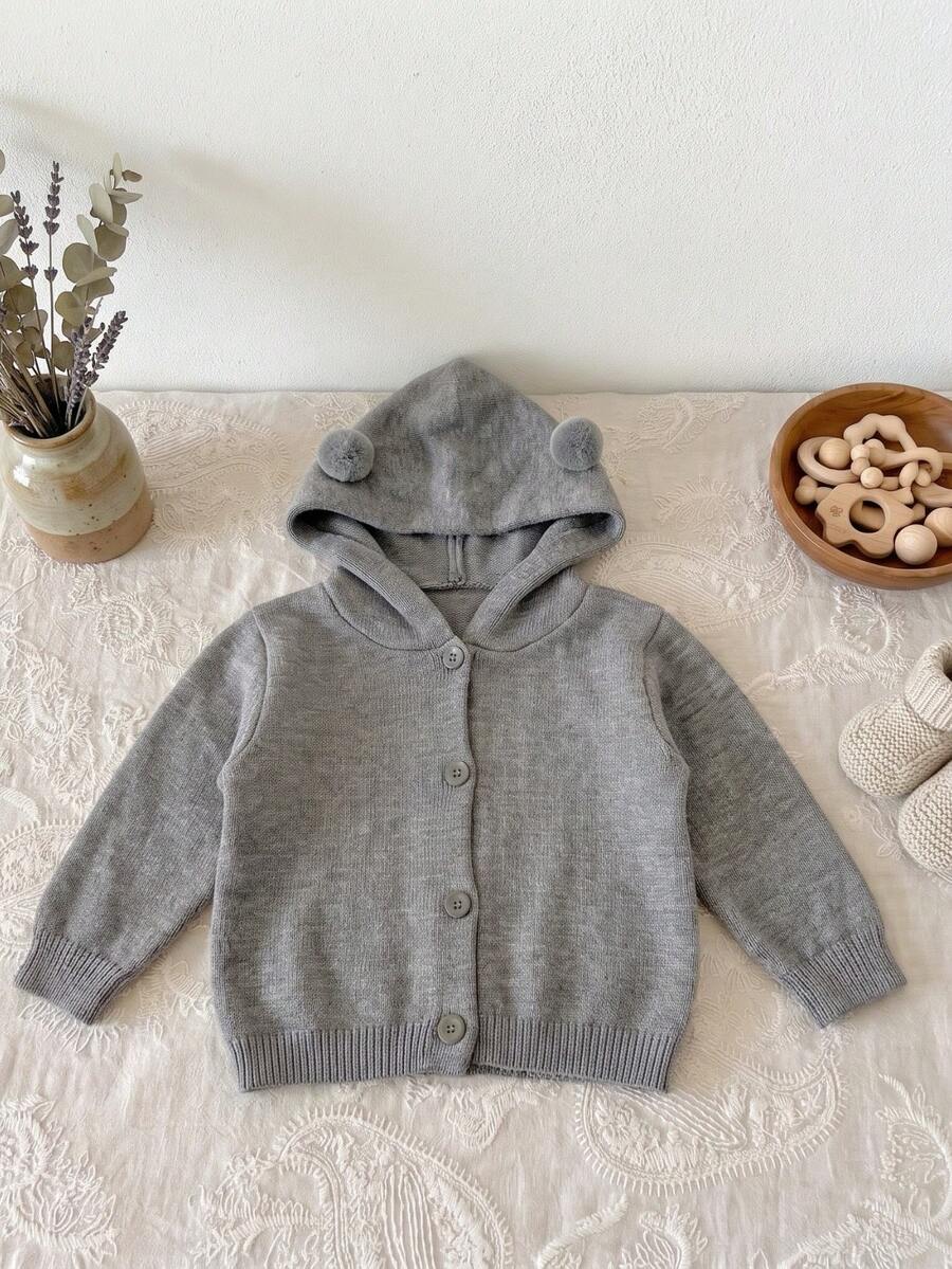 Cardigan Rajut Berkerudung Unisex Warna Abu-abu Bayi dengan Pom Pom 3D, Penutup Kancing Depan, Ujung dan Manset Bergaris, Sweater Kartun Kasual Musim Semi/Gugur - Grey - View 1