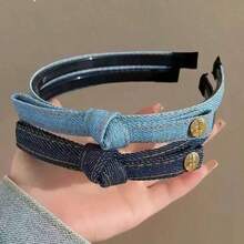 2/1pc Vintage Denim Bow Headband, Thin Edge Toothed Non-Slip Face Wash Headband, Suitable For Girls And Children Daily Commute, Work, School Wear - Multicolor - View 3