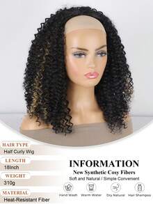 Kinky Curly 18吋半頭套，隱形髮際線，3合1抽繩無縫翻蓋式免膠假髮，適合的捲髮半頭套，抽繩無縫翻蓋式髮箍假髮 - 間色 - 查看 5