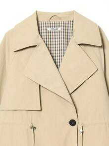 Women's Spring Beige Short Trench Coat, Oversized Lapel, Drawstring Waist Belt, Lightweight Casual Work Office Autumn Jacket - Khaki - View 6