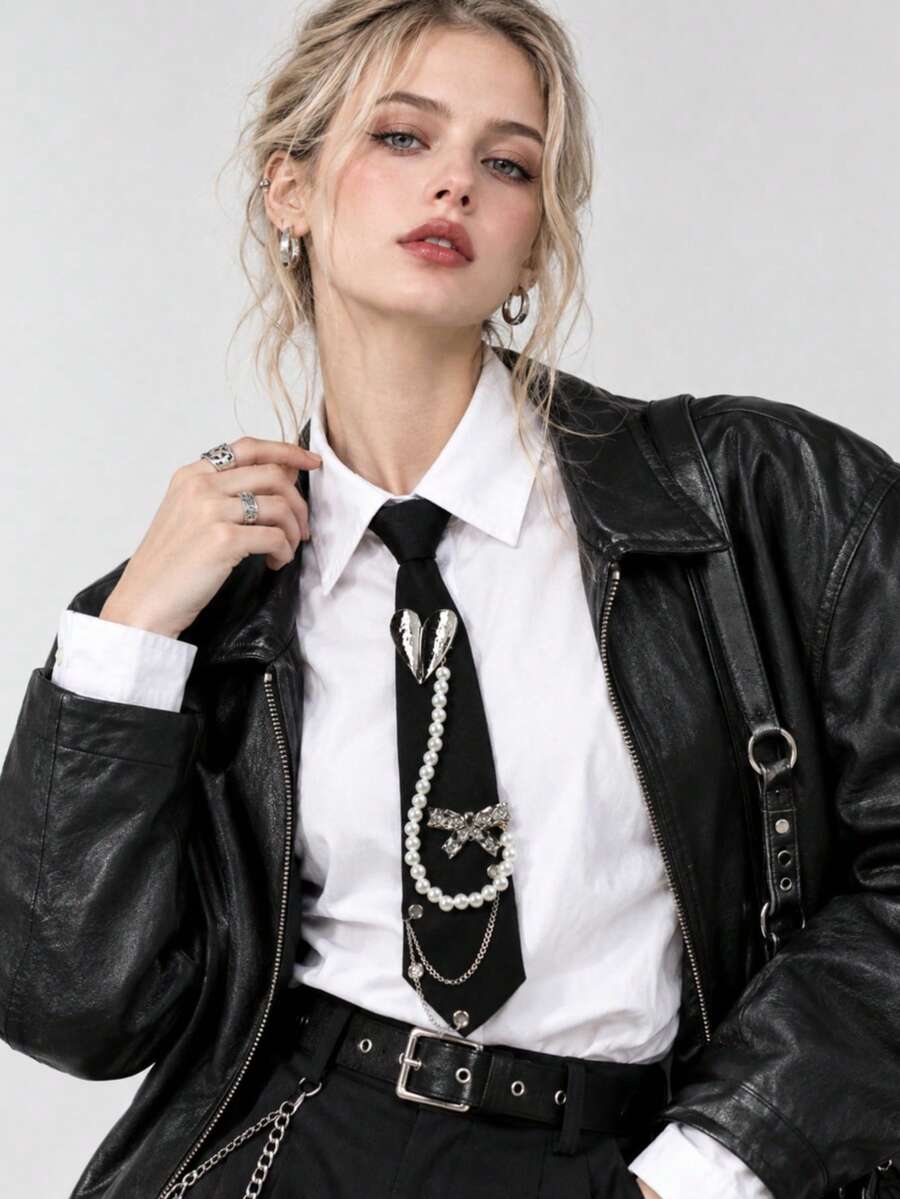 1pc Niche Design Heart Pearl Bow Rhinestone Sweet Cool Personalized Shirt Decoration Women's Necktie - Multicolor - View 1