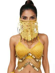 Mesh Hollow Coin Pendant Neck Top, Beaded Floral Tassel Veil, Suitable For Bar, Dance Party, Middle Eastern Exotic Dance Performance, Multiple Colors Available - Multicolor - View 13