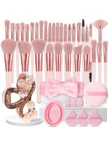 42/32 Pcs Pink All In One Makeup Tools Set, 32Pcs Makeup Brushes, Flower Bead Hair Claw, Pink Bow Hairband, Pink Silicone Cleaning Bowl, Round Powder Puff, 3 Finger Powder Puffs, 3 Triangle Powder Puffs For Daily Full Face Makeup - Multicolor - View 12