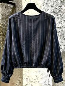 Women's Blue Striped Woven Shirt With Dropped Shoulders, Long Sleeves And Drawstring Hem, Bohemian Autumn Style - Navy Blue - View 2