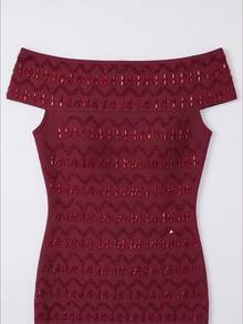 New Sexy Burgundy Off-Shoulder Heavy Rhinestone Evening Gown With Pleated Full Skirt, Bandage Long Dress, Elegant Women's Formal Evening Party Dress - Red - View 10
