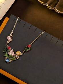 Fashionable Royal Style Green Diamond Inlaid Garden Swan And Enamel Floral Necklace Or Earrings For Women, Wedding, Party, Everyday Wear, Gift - Necklace - View 6