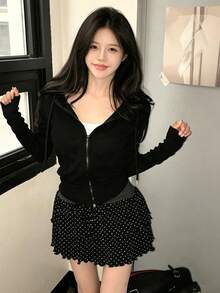YCYC 小眾修身百搭休閒拉鍊連帽運動短版夾克外套 女款 - 黑色 - 查看 2