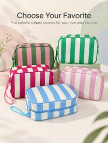 Cute Casual Striped Women's Makeup Bag, A Fashionable Striped Toiletry Bag With Braided Rope Zipper Design Storage Bag, Lightweight And Portable Opening And Closing, Easy To Store; Available In Multiple Colors, Convenient For Travel And Daily Use - Multicolor - View 2