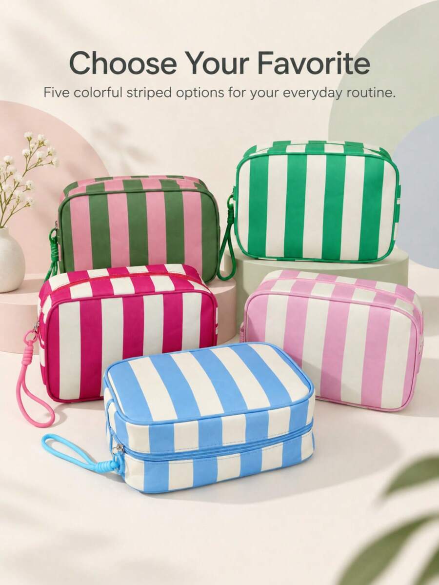 Cute Casual Striped Women's Makeup Bag, A Fashionable Striped Toiletry Bag With Braided Rope Zipper Design Storage Bag, Lightweight And Portable Opening And Closing, Easy To Store; Available In Multiple Colors, Convenient For Travel And Daily Use
