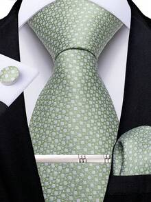 Light Green & White Plaid Men's Tie Set, 4pcs Including Pocket Square, Cufflinks, Silver Tie Clip, Wedding Accessories - Green - View 1