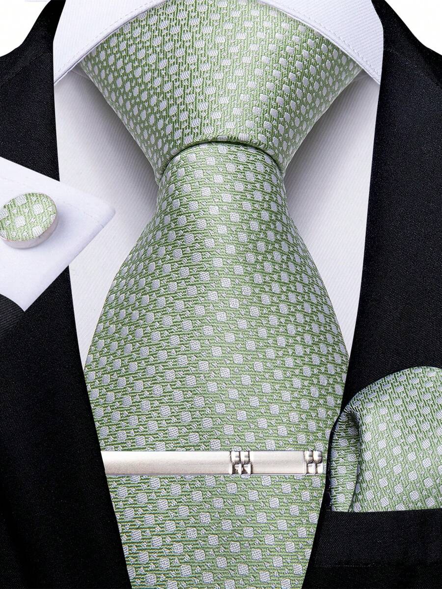 Light Green & White Plaid Men's Tie Set, 4pcs Including Pocket Square, Cufflinks, Silver Tie Clip, Wedding Accessories - Green - View 1