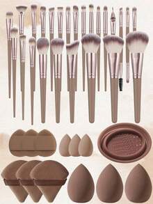 38pcs Makeup Tool Set, Includes: 25 Makeup Brushes + 3 Makeup Sponges + 3 Mini Makeup Sponges + 3 Triangle Powder Puffs + 3 Mini Cushion Powder Puffs + 1 Makeup Brush Cleaning Tool. - Coffee Brown - View 9