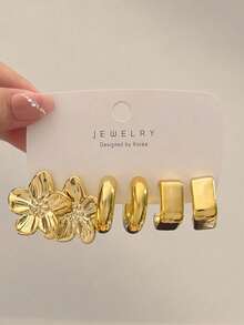 6/18pcs Gold Women Flower/Water Drop/C-Shape/Twist/Square Stud Earrings/Earrings Set, Fashionable Elegant Exquisite Jewelry, Perfect For Daily Wear Women Earring Set - Gold - View 2