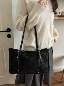 Premium Suede Tote Bag For Women 2026 New Matte Vintage Underarm Bag Large Capacity Shoulder Crossbody Bag - Black - View 4