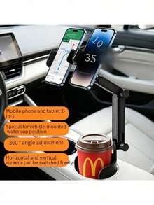 Car Cup Holder Phone & Tablet 2-In-1 Mount | Dual Device Navigation | Multi-Angle Adjustable, Horizontal & Vertical Screen Switching, Fits 4–12 Inches - A - View 2