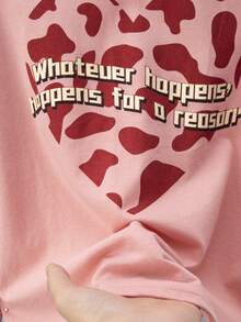 2pcs Women's 100% Cotton Pajama Set, Short Sleeve Top And Long Pants, Casual Heart Print Loungewear Set - Pink - View 6