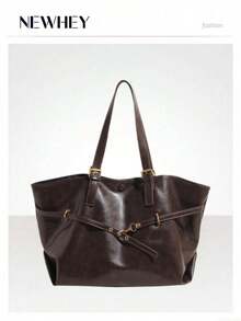 NEWHEY Women's Waxed PU Large Capacity Tote Bag, Featuring Adjustable Long Handle And Matching Decorative Shoulder Strap, Open Design, Suitable For Daily Commute, Office, Shopping And Travel. - Multicolor - View 10