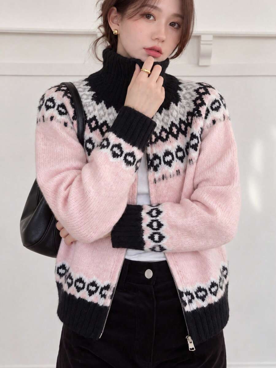 Women's Autumn/Winter Casual Cute Slouchy Retro Pattern Lapel Zipper Knit Cardigan Sweater Jacket Pink - Pink - View 1