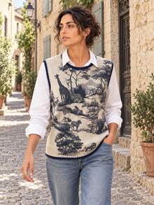 Women's Knitted Sweater Vest, Savannah Landscape Pattern, Round Neck Ribbed Knit, Regular Fit, Suitable For Autumn Layering - Apricot - View 6