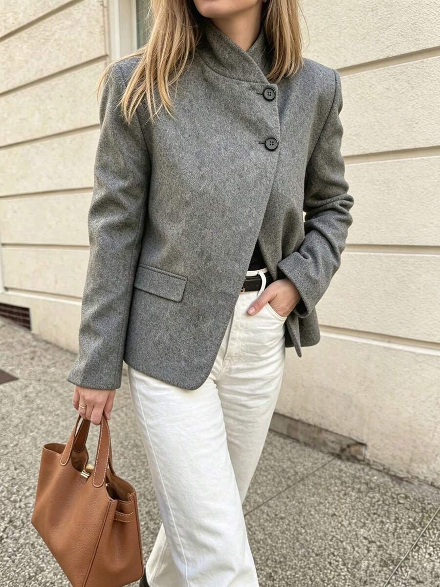 Elegant Women's Long Sleeve Regular Fit Grey Woven Fabric Overcoat, Featuring Unique Asymmetrical Button Design, Suitable For Autumn/Winter Wear - Grey - View 1