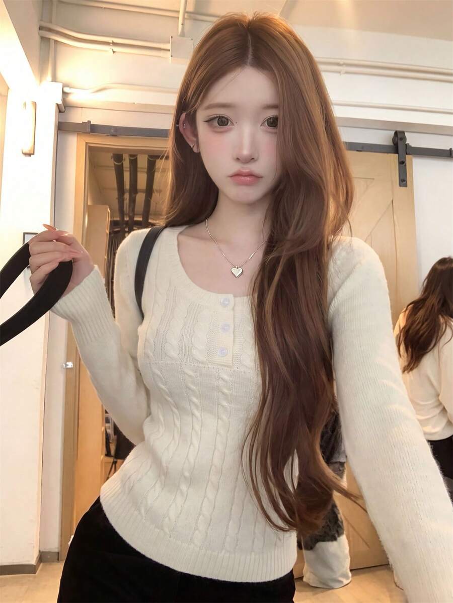 Korean Sweet Girl Casual Style Vertical Cable Knit Top, Round Neck With Small Front Buttons, Cable Pattern Long Sleeve Base Layer Sweater, Women's Autumn/Winter New Arrival - Milky White - View 1