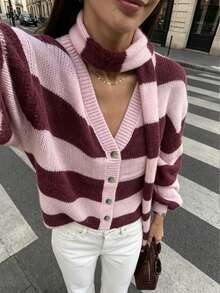Plus Size Pink Purple Wide Stripe Button V-Neck Knit Cardigan Lantern Long Sleeve With Scarf Loose Fit Sweater - Pink - View 5