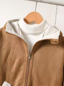 Jaket Hoodie Longgar Bolak-balik Bahan Suede Fleece untuk Remaja Perempuan Musim Gugur/Dingin dengan Kantong dan Kerah Lipat - Khaki - View 5