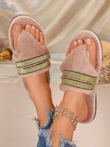Autumn/Winter Personalized Plush Flip Flops For Women, Double Gold Woven Strap Decor, Flat Sole, Comfortable Home & Outdoor Wear, Fuzzy Toe Slippers - Camel - View 3
