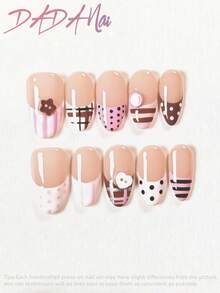 10pcs Hailey Almond Handmade Press-On Nails, Fake Nails, Hand-Painted Acrylic Nails, Pink Cute Glossy, Plaid Polka Dot Stripe Button Decor, Autumn Nails, Reusable Set, Gift For Women And Girls For Daily And Party - Multicolor - View 1