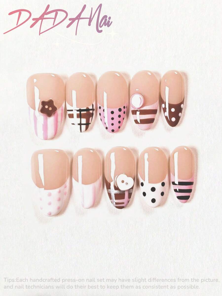 10pcs Hailey Almond Handmade Press-On Nails, Fake Nails, Hand-Painted Acrylic Nails, Pink Cute Glossy, Plaid Polka Dot Stripe Button Decor, Autumn Nails, Reusable Set, Gift For Women And Girls For Daily And Party - Multicolor - View 1