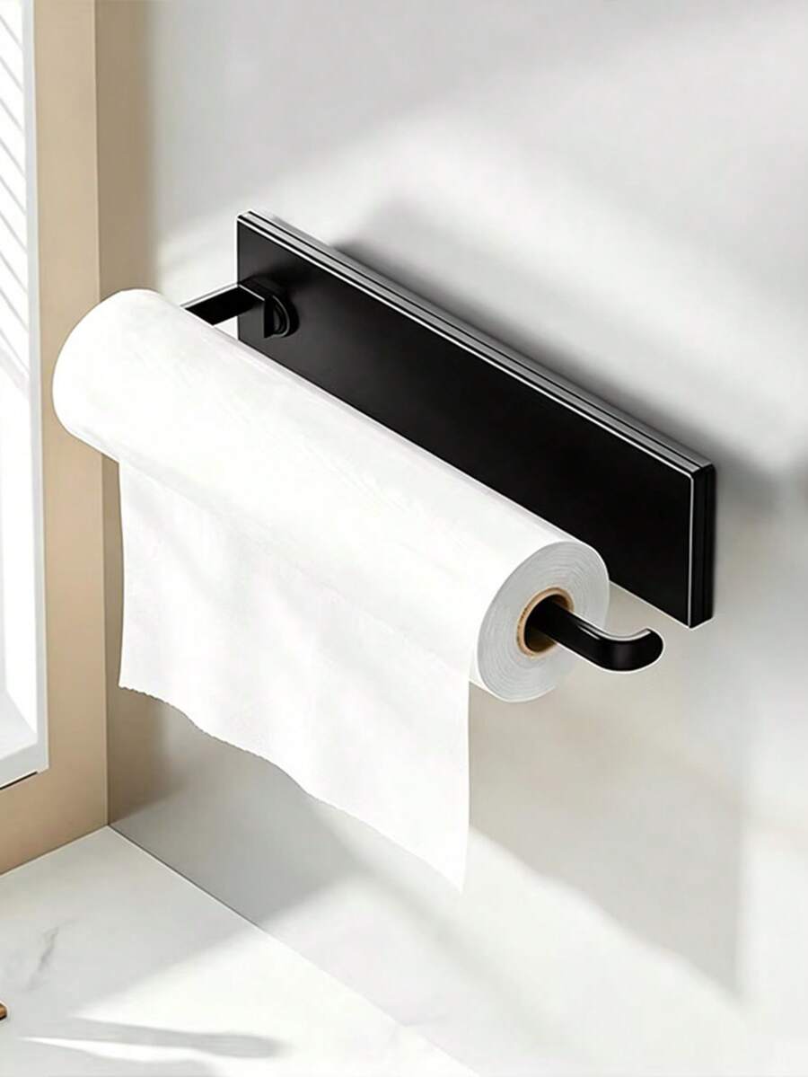 No-Drill Black Under Cabinet Paper Towel Holder, Adhesive Wall Mount Paper Towel & Cling Wrap Rack For Kitchen & RV