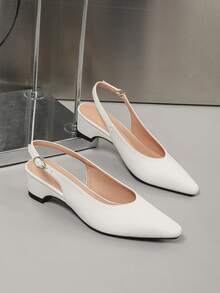 Women's Soft Leather Square Toe Low Block Heel Slip-On Pumps, Low Vamp Commuter Work Shoes, Minimalist All-Season Fashion Shoes - White - View 14