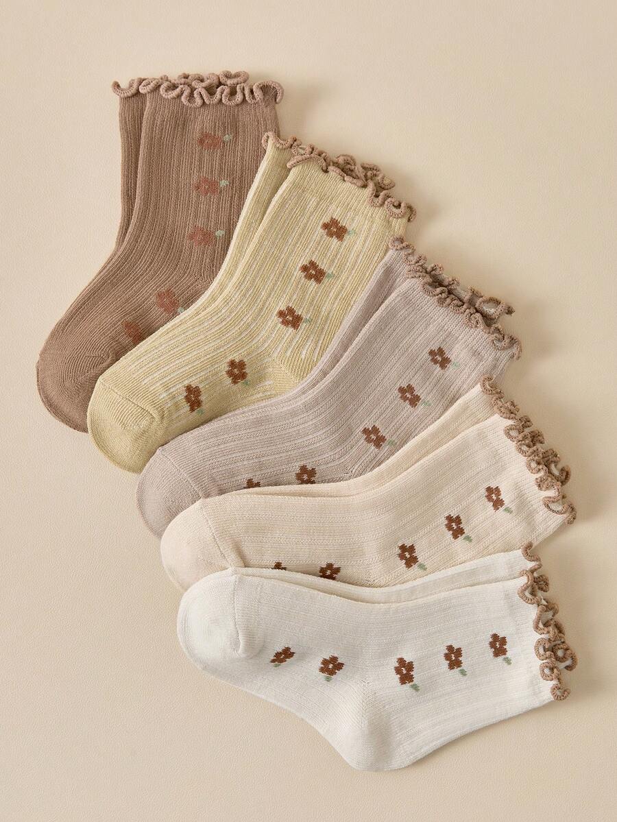 Spring/Summer 1/5/10 Pairs Kids/Girls Solid Color Ruffle Socks, Simple Vertical Stripe Design With Sweet Cartoon Flower Pattern Accents, Casual Cute Breathable Comfortable Versatile School Socks, Minimalist Soft Skin-Friendly Mid-Calf Socks, Suitable For Back To School/Outdoor Activities/Party Gatherings/Holiday Gifts, Multiple Combinations Available - Multicolor - View 1