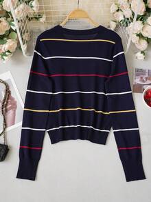 Halloween Christmas New Year Navy Stripe Knit Top Women Slim Cropped Long Sleeve Crew Neck Retro Preppy Holiday Party Tee - Navy Blue - View 6