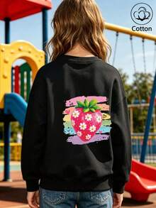Girls' Cute Printed Drop-Shoulder Round-Neck Long-Sleeve Casual Sports Sweatshirt - Black - View 9