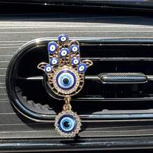 1pc Evil Eye Car Vent Decoration, Devil Eye Retro Fatima Hand Car Vent Clip, Antique Rhinestone Hollow Metal Pendant Car Vent Decoration, Bohemian Car Interior, Lucky Protection Car Parts Gift For Female Drivers - A - View 4
