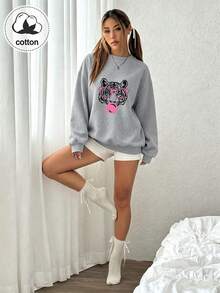 Sweat-shirt à manches longues pour femmes, imprimé tigre avec lunettes roses et chewing-gum, Top décontracté - Gris pâle - Voir 4
