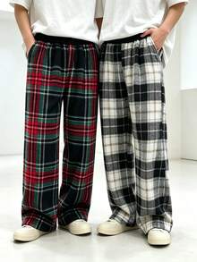 2pcs Autumn/Winter 8-12Y Kids Fleece Asymmetrical Print Long Pants, Casual Comfortable Student Trousers - Black - View 1