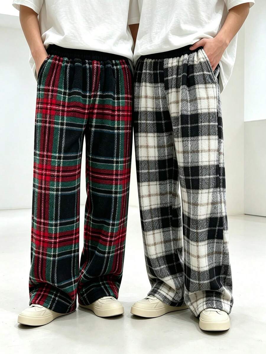 2pcs Autumn/Winter 8-12Y Kids Fleece Asymmetrical Print Long Pants, Casual Comfortable Student Trousers - Black - View 1