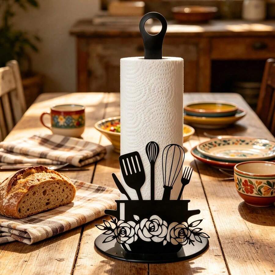1pc Creative Wooden Exquisite Shovel-Shaped Paper Towel Holder, Black Wooden Kitchen Decor, No Installation Required Paper Towel Roll Rack, Suitable For Dining Table, Bedroom And Other Rustic Style Home Decor, Durable Design - Multicolor - View 1