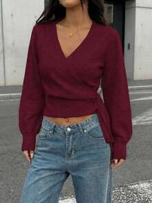 Plus Size Women's Solid Color Overlap V-Neck Side Knot Long Sleeve Knit Cardigan - Burgundy - View 5