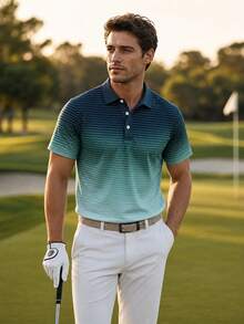 Men's Gradient Striped Short Sleeve Polo Shirt, Golf Polo Top, Outdoor Casual Sports Collared T-Shirt - Multicolor - View 2