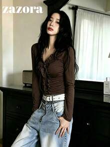 Korean Style Niche Exquisite 3D Ruffle Trim Long Sleeve T-Shirt For Women, Unique Inner Layer Top - Brown - View 6