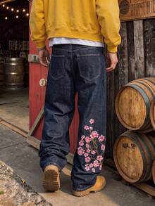 Men's Raw Dark Loose Wide‑Leg Jeans, Cherry Blossom Floral Embroidery Decor Denim Streetwear Pants(Pants Do Not Include A Belt) - Blue - View 5