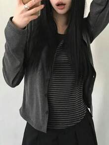 Korean Style Fashion 2-In-1 Striped Round Neck Slim Fit Top, Autumn Casual Versatile Long Sleeve Layering T-Shirt - Grey - View 1
